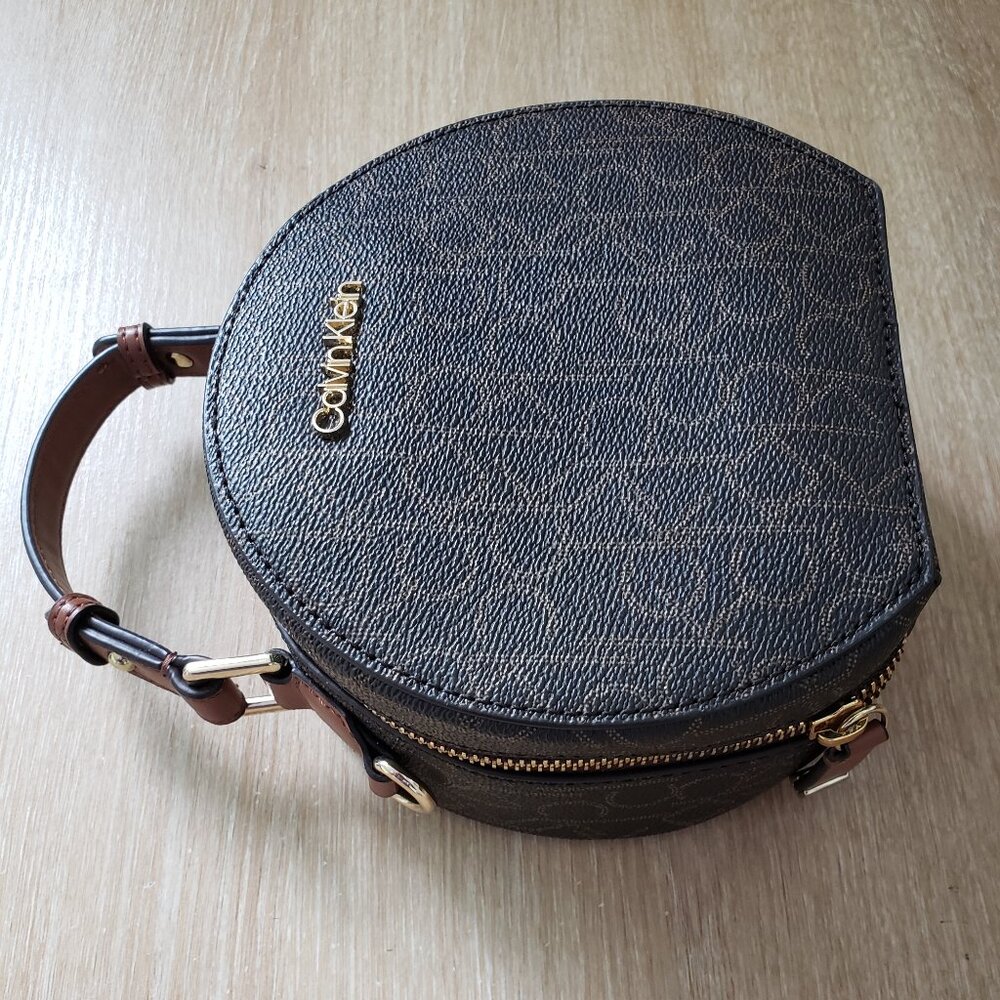 Calvin Klein Dark Brown Monogram Round Crossbody with Tan Handle - Picture 4 of 9